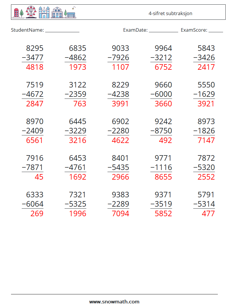 (25) 4-sifret subtraksjon MathWorksheets 13 QuestionAnswer
