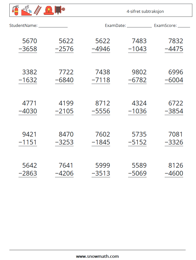 (25) 4-sifret subtraksjon MathWorksheets 14