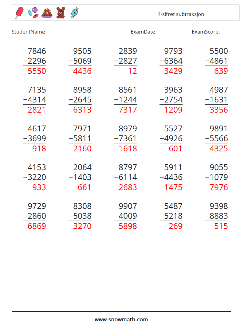 (25) 4-sifret subtraksjon MathWorksheets 15 QuestionAnswer