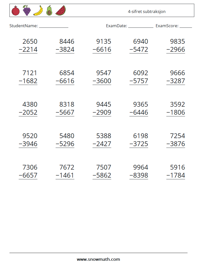 (25) 4-sifret subtraksjon MathWorksheets 16