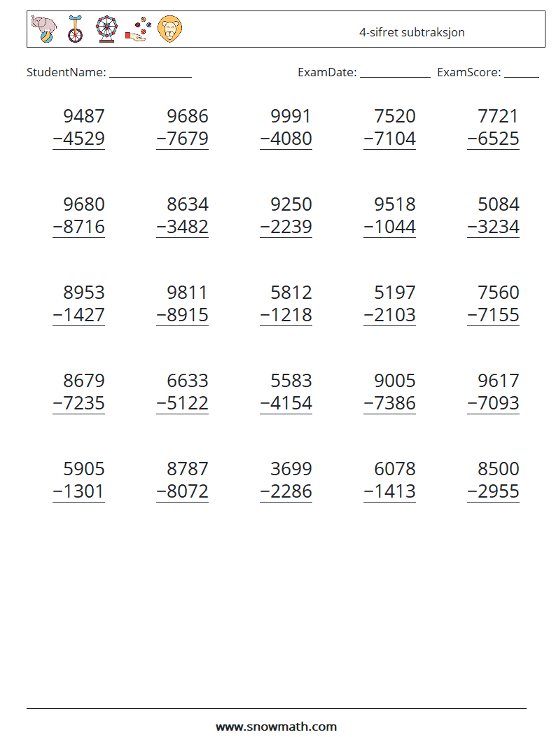 (25) 4-sifret subtraksjon MathWorksheets 17