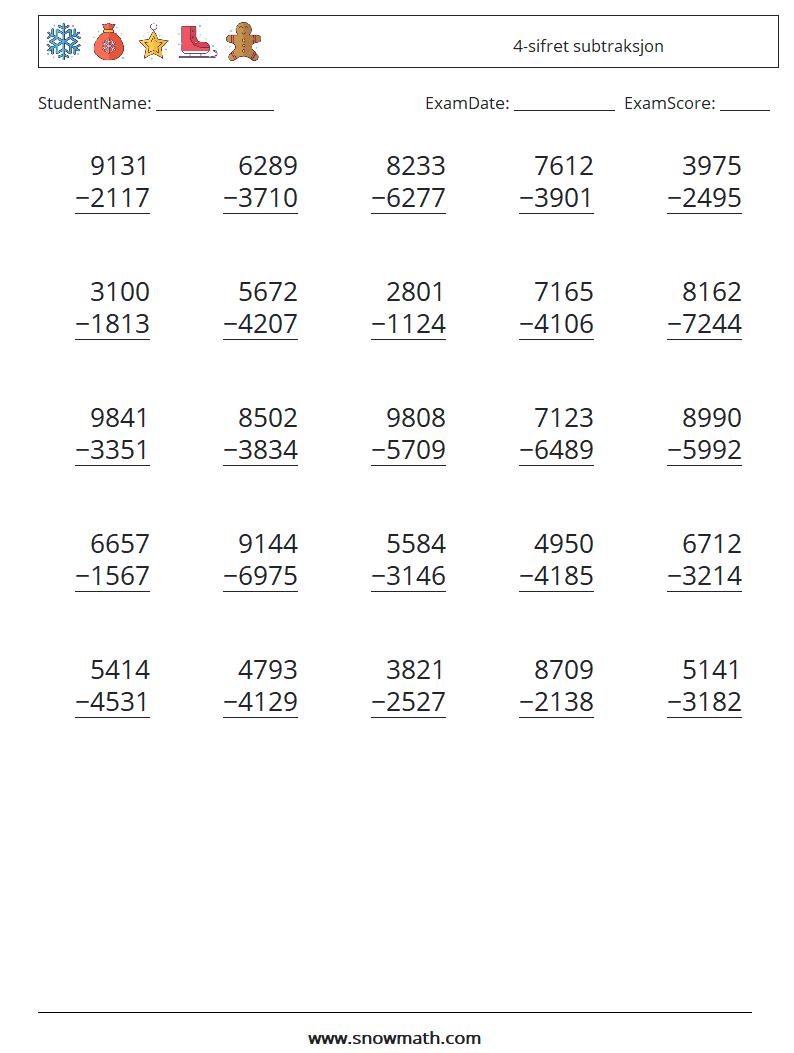 (25) 4-sifret subtraksjon MathWorksheets 18