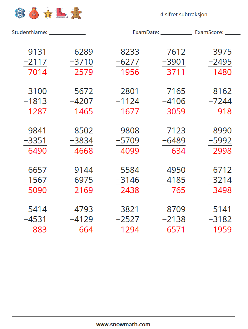 (25) 4-sifret subtraksjon MathWorksheets 18 QuestionAnswer