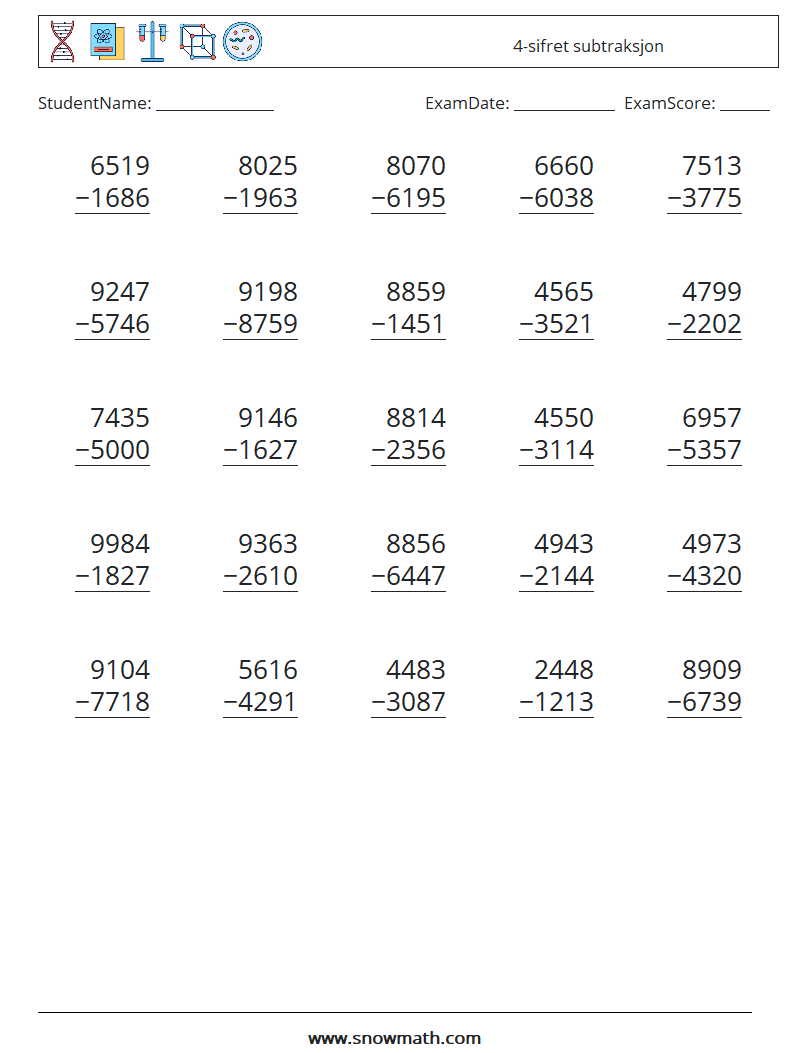 (25) 4-sifret subtraksjon MathWorksheets 4