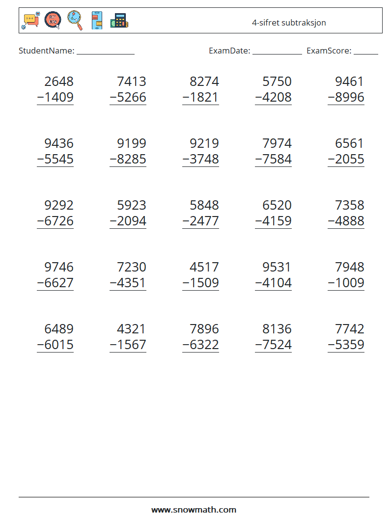 (25) 4-sifret subtraksjon MathWorksheets 5