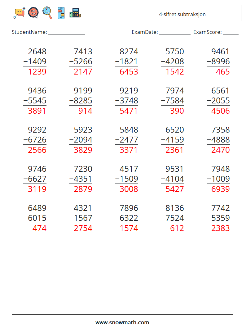 (25) 4-sifret subtraksjon MathWorksheets 5 QuestionAnswer