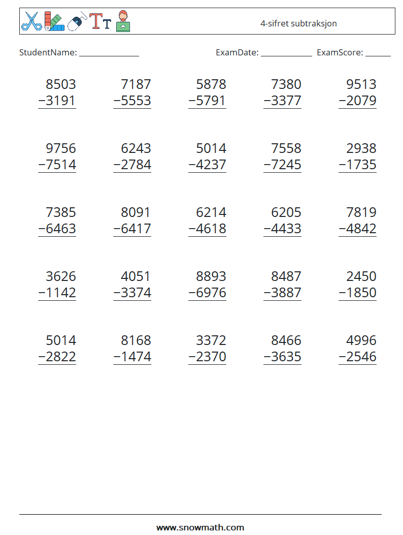 (25) 4-sifret subtraksjon MathWorksheets 6