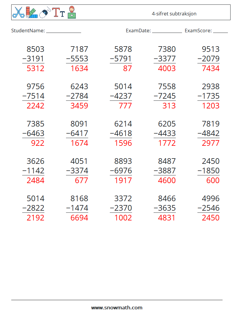 (25) 4-sifret subtraksjon MathWorksheets 6 QuestionAnswer