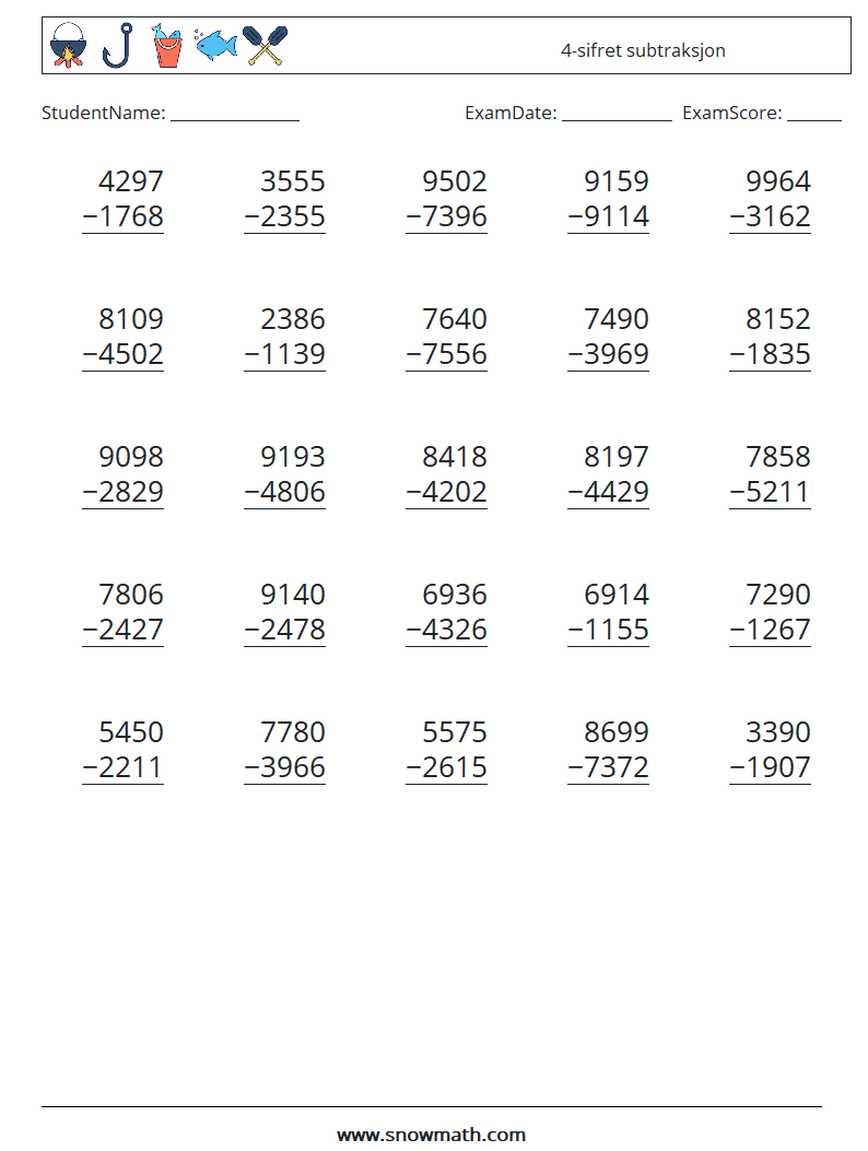 (25) 4-sifret subtraksjon MathWorksheets 8