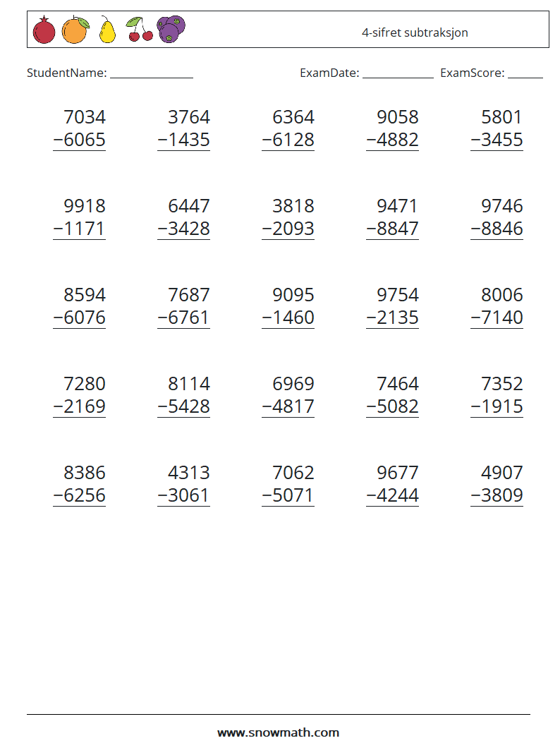 (25) 4-sifret subtraksjon MathWorksheets 9