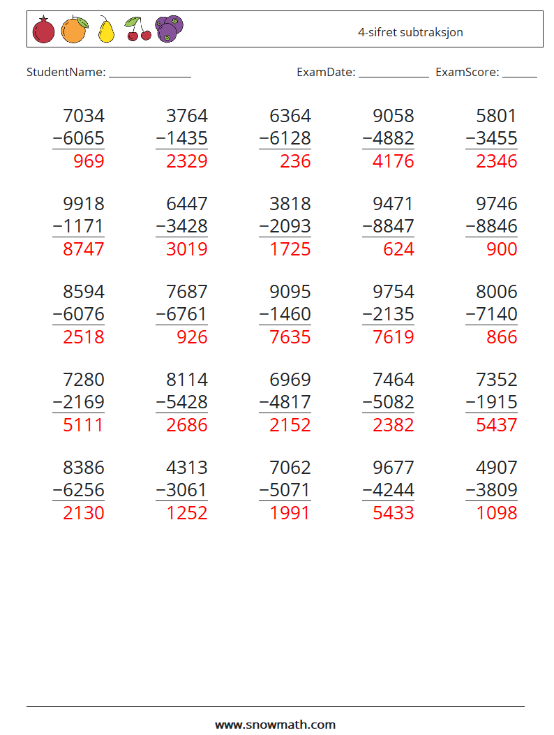 (25) 4-sifret subtraksjon MathWorksheets 9 QuestionAnswer