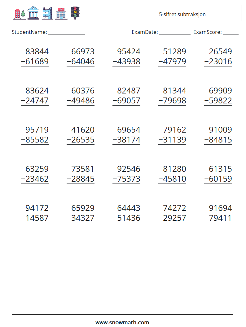 (25) 5-sifret subtraksjon MathWorksheets 1