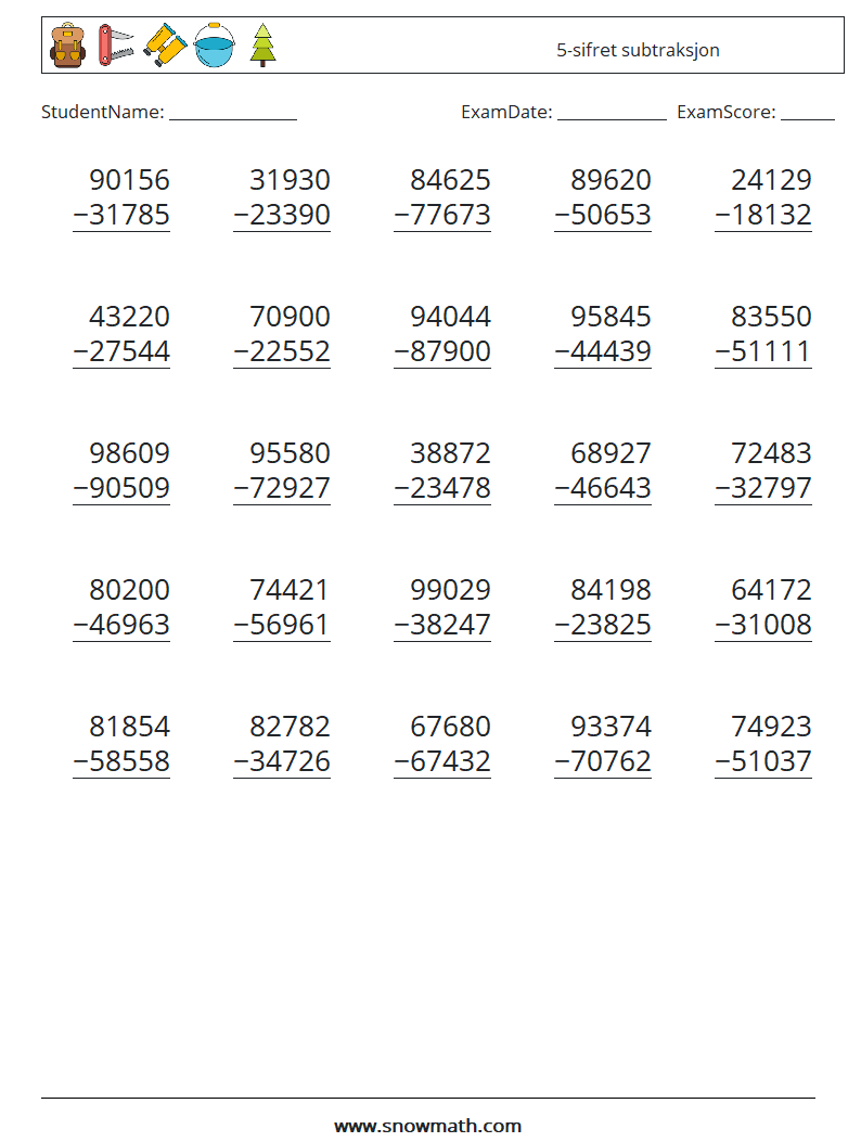 (25) 5-sifret subtraksjon MathWorksheets 10