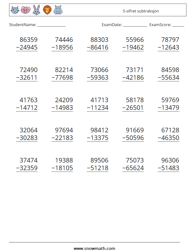 (25) 5-sifret subtraksjon MathWorksheets 11