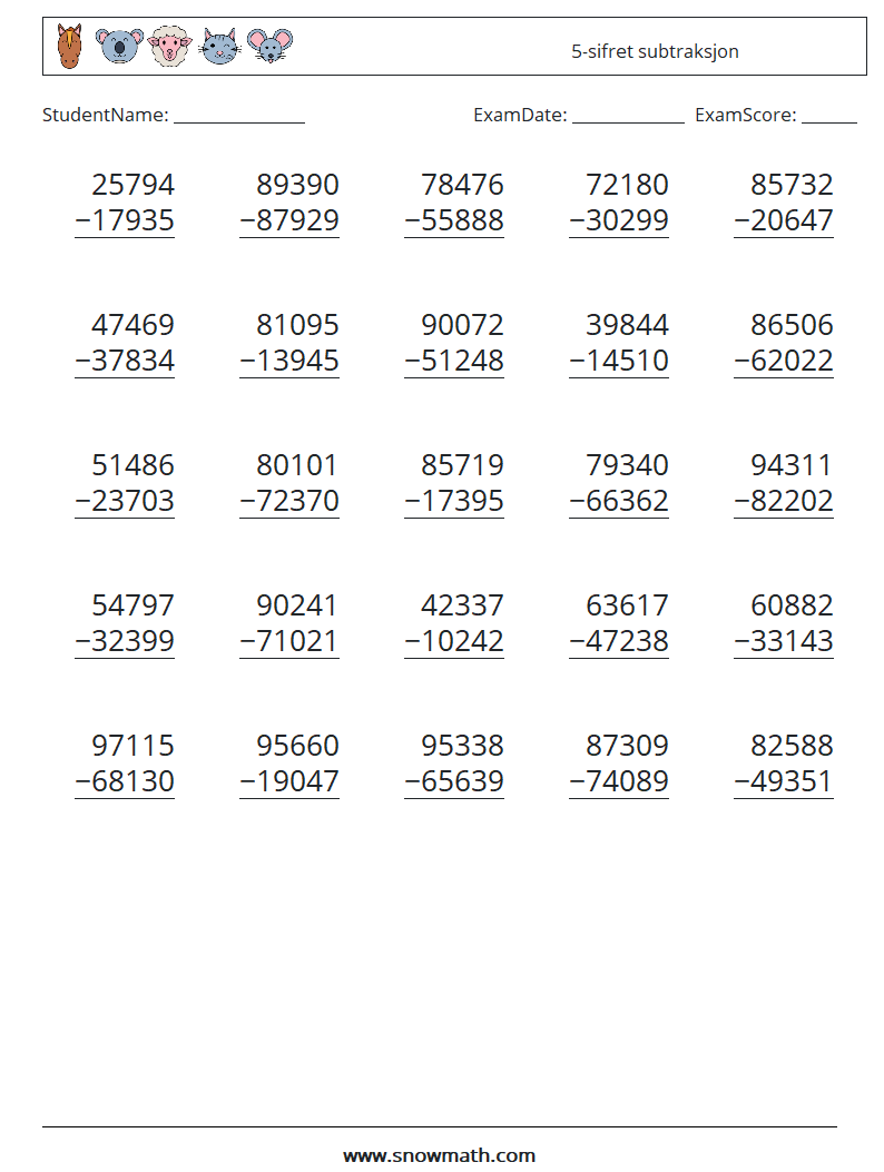 (25) 5-sifret subtraksjon MathWorksheets 14