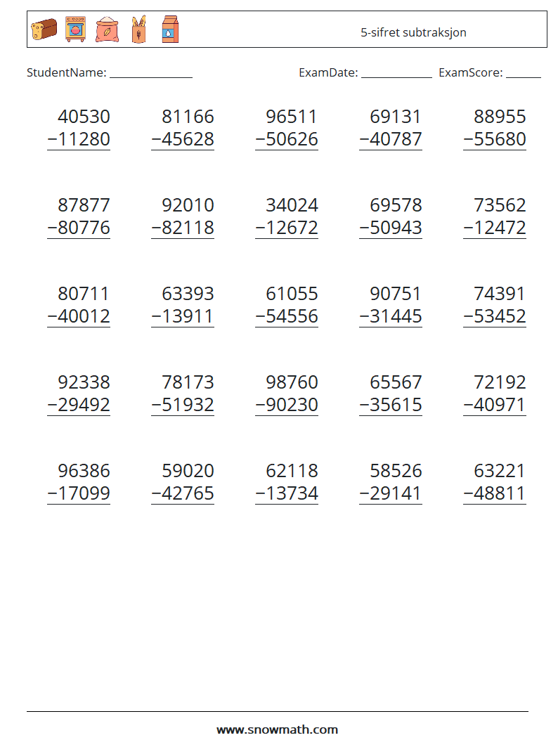 (25) 5-sifret subtraksjon MathWorksheets 15