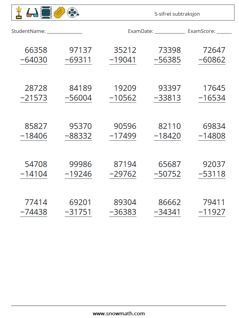 (25) 5-sifret subtraksjon MathWorksheets 16