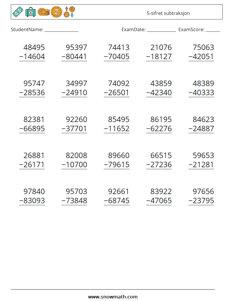 (25) 5-sifret subtraksjon MathWorksheets 17