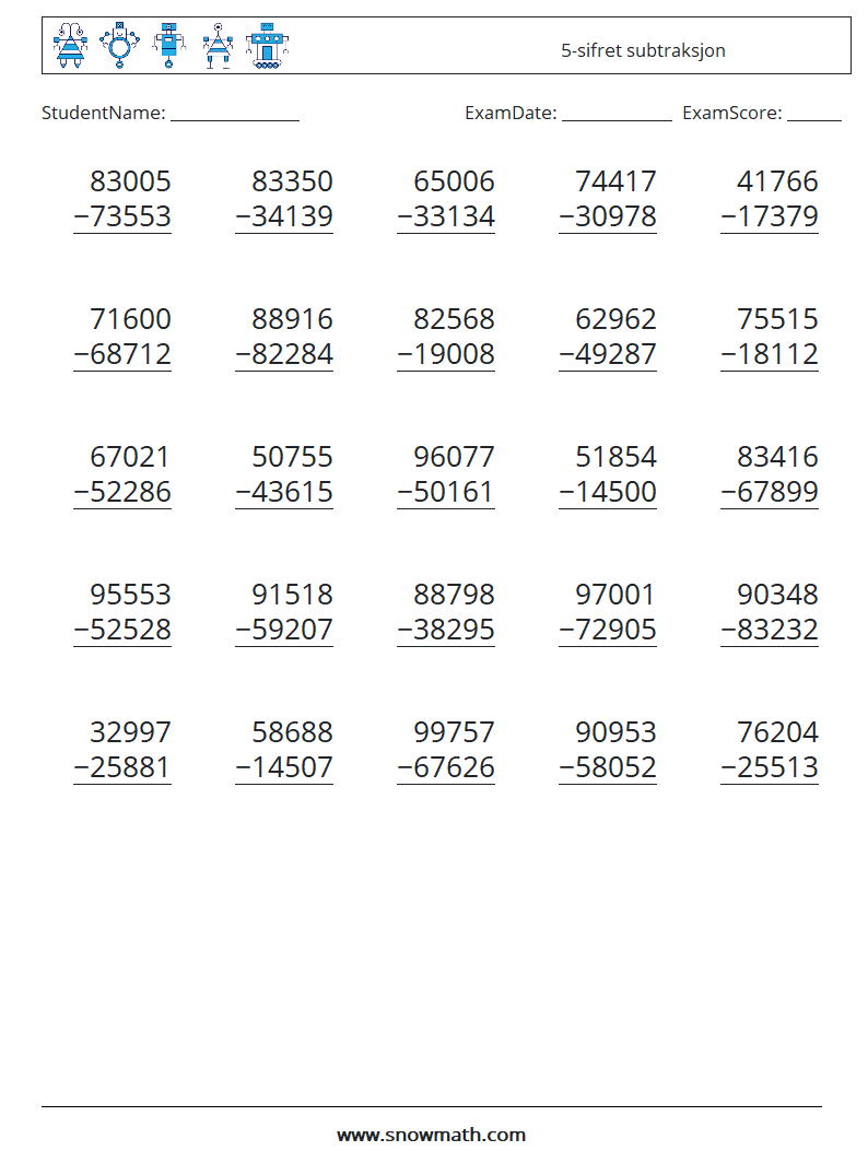 (25) 5-sifret subtraksjon MathWorksheets 18