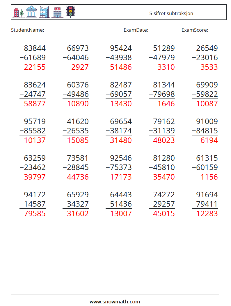 (25) 5-sifret subtraksjon MathWorksheets 1 QuestionAnswer