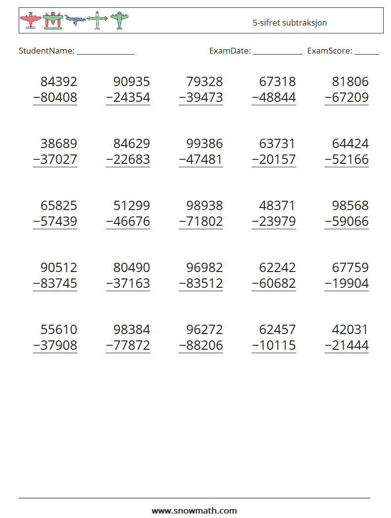 (25) 5-sifret subtraksjon MathWorksheets 2