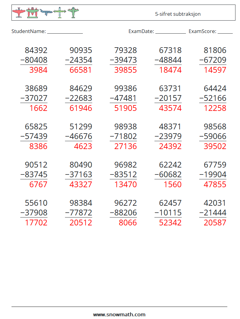 (25) 5-sifret subtraksjon MathWorksheets 2 QuestionAnswer