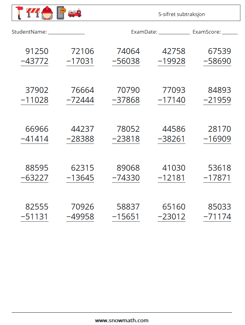 (25) 5-sifret subtraksjon MathWorksheets 3