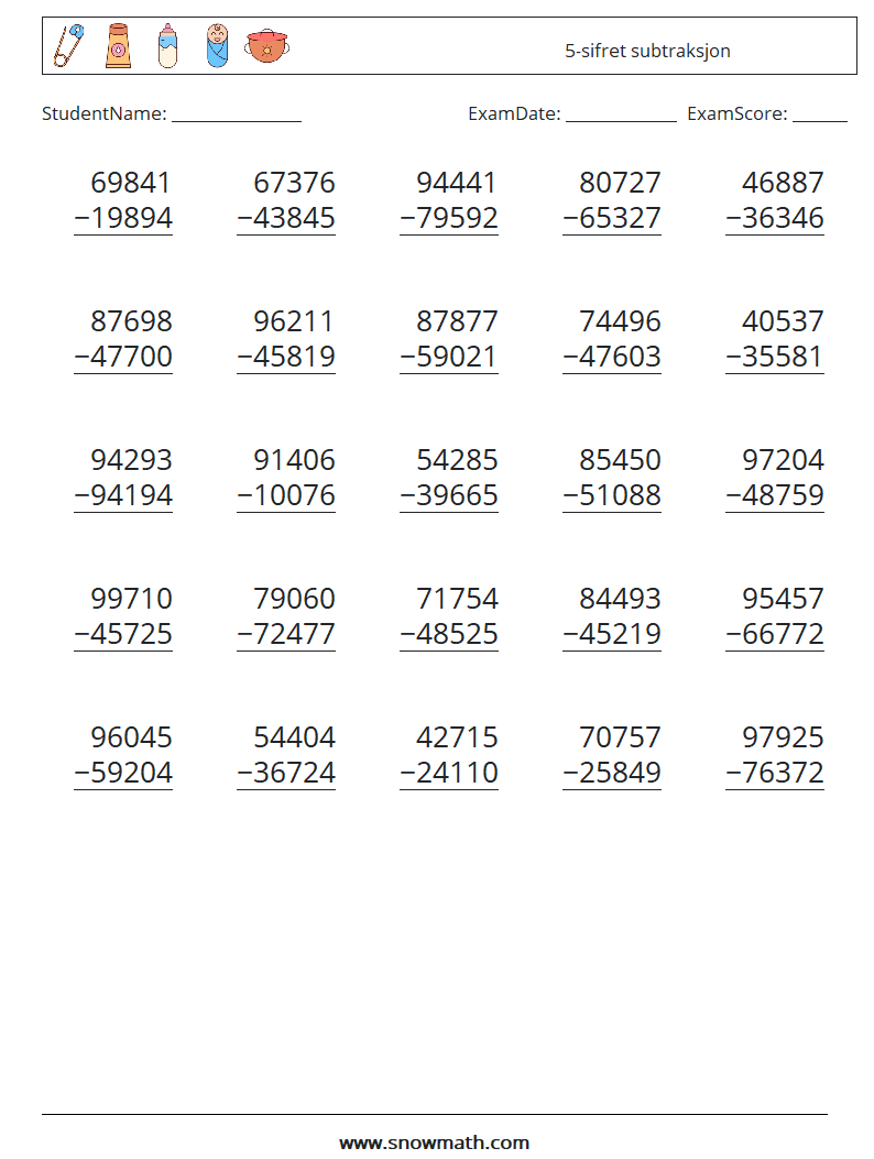 (25) 5-sifret subtraksjon MathWorksheets 4