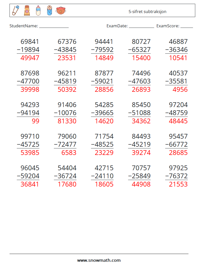 (25) 5-sifret subtraksjon MathWorksheets 4 QuestionAnswer