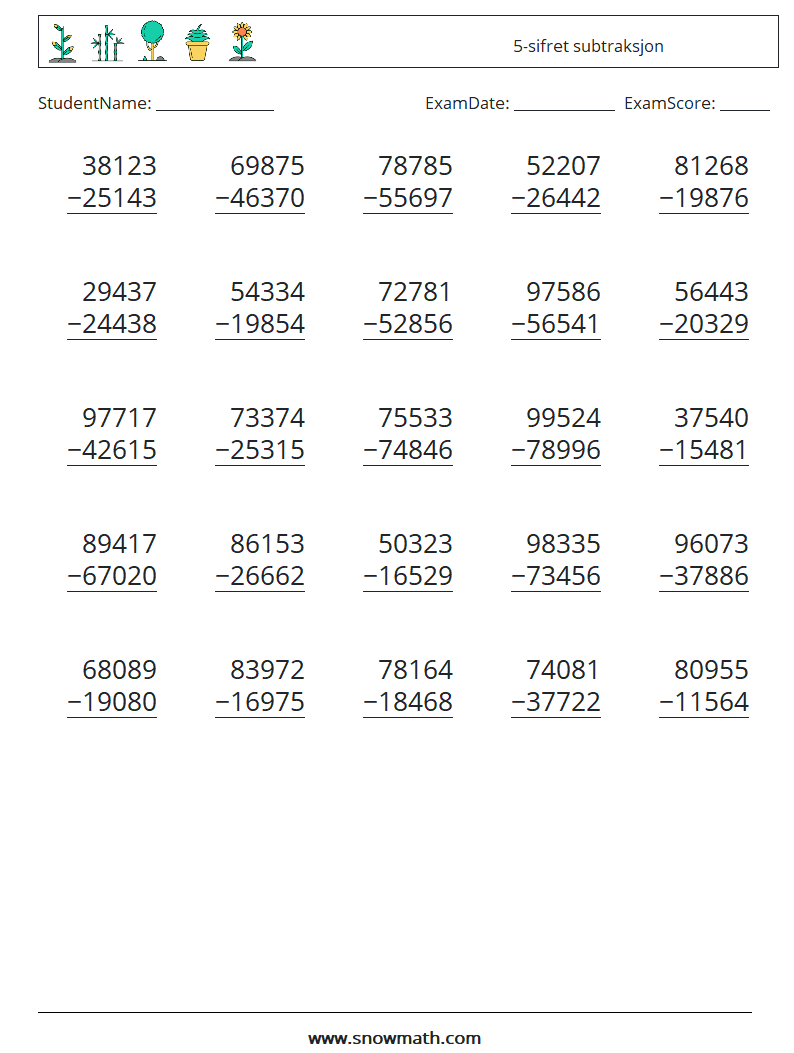 (25) 5-sifret subtraksjon MathWorksheets 5