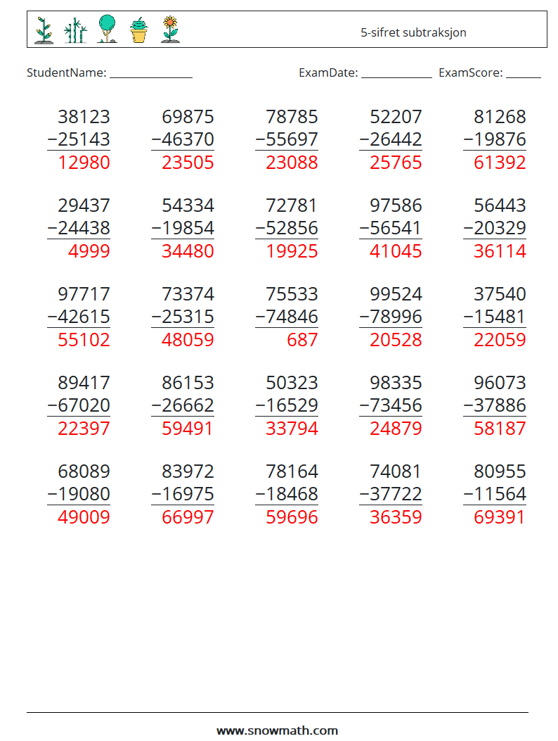 (25) 5-sifret subtraksjon MathWorksheets 5 QuestionAnswer