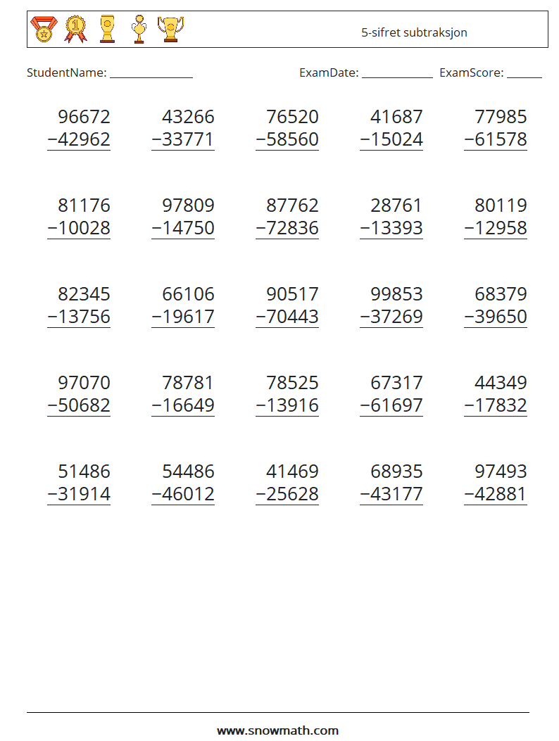 (25) 5-sifret subtraksjon MathWorksheets 6