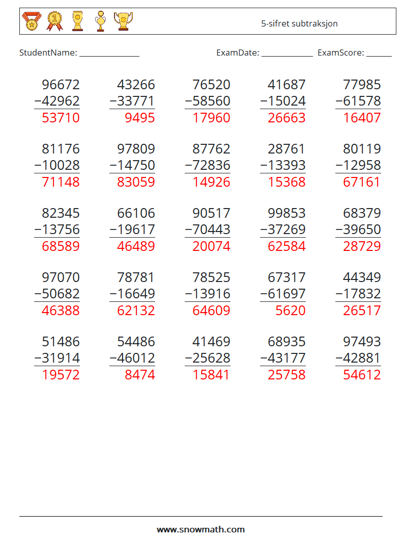 (25) 5-sifret subtraksjon MathWorksheets 6 QuestionAnswer