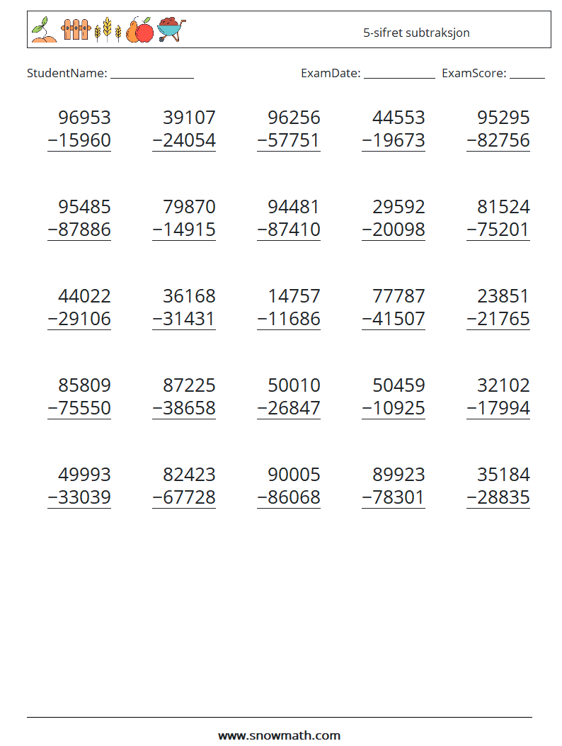 (25) 5-sifret subtraksjon MathWorksheets 8