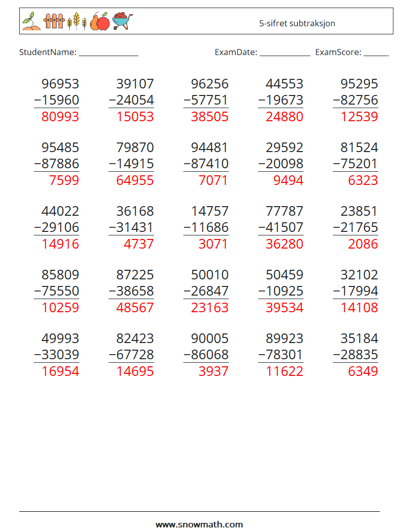(25) 5-sifret subtraksjon MathWorksheets 8 QuestionAnswer