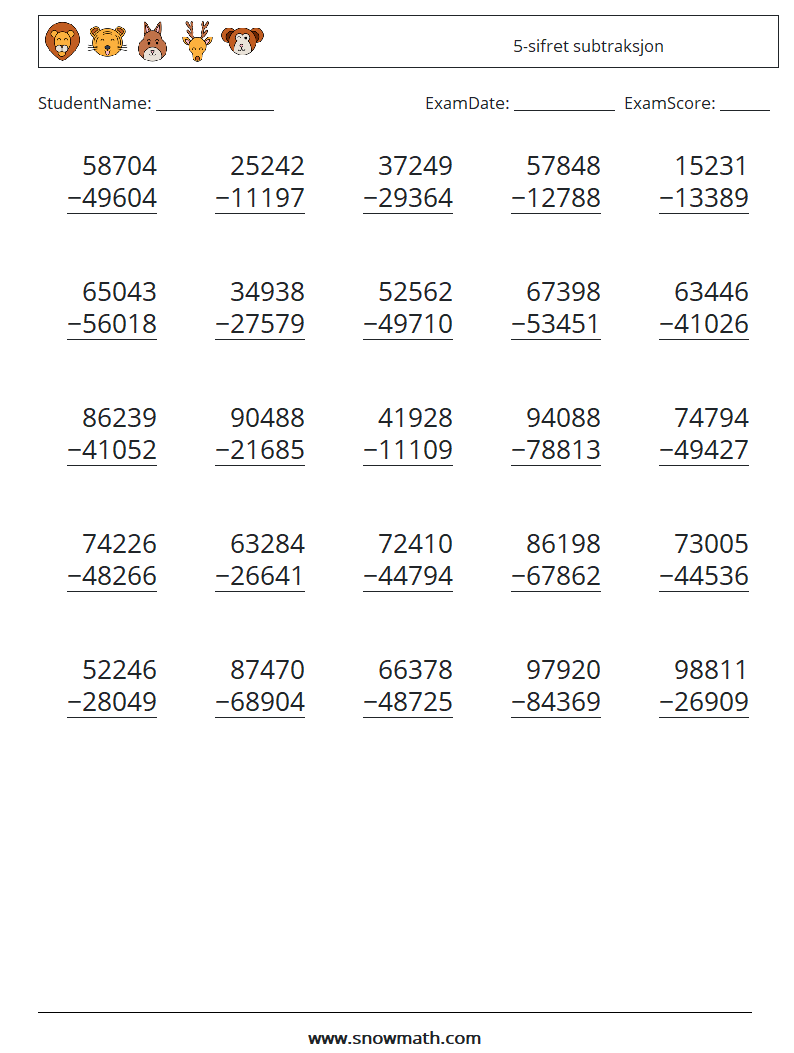 (25) 5-sifret subtraksjon MathWorksheets 9