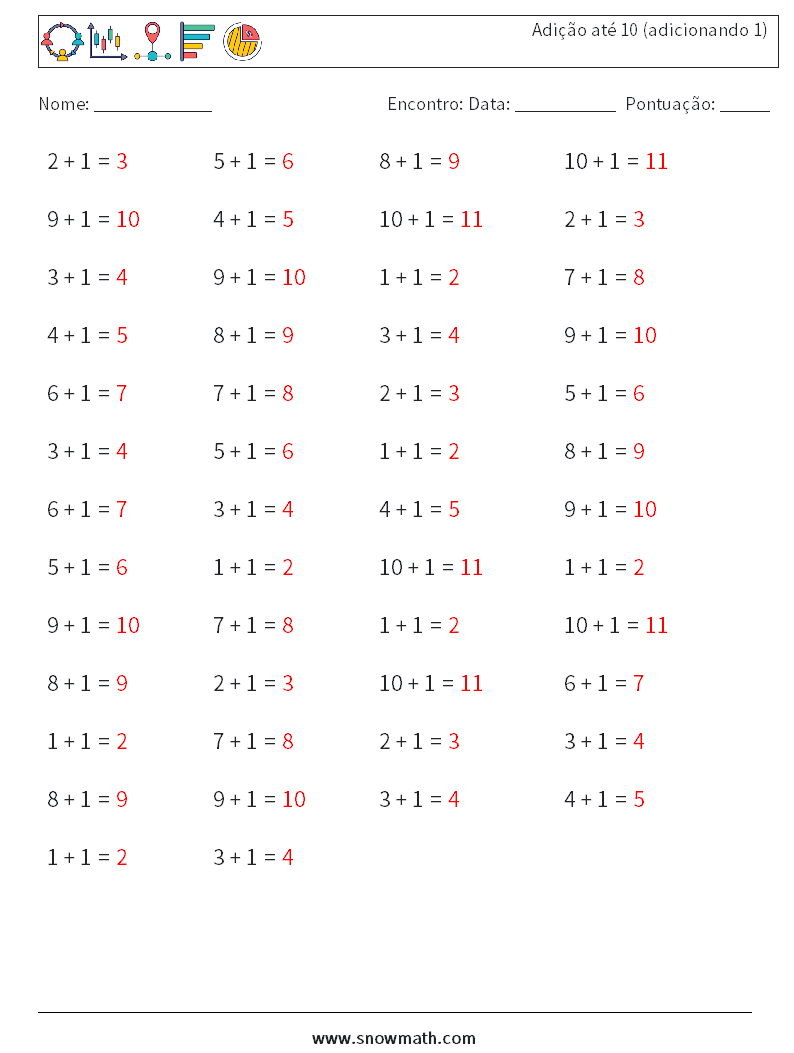 (50) Adição até 10 (adicionando 1) planilhas matemáticas 1 Pergunta, Resposta