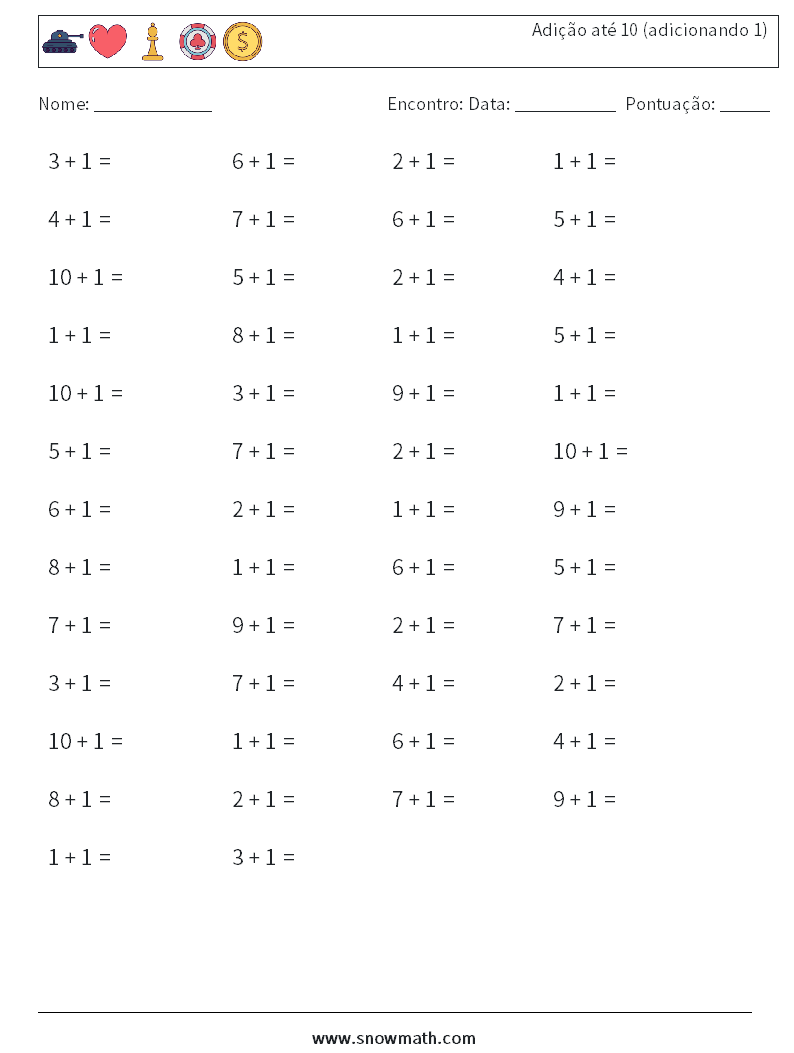 (50) Adição até 10 (adicionando 1) planilhas matemáticas 2