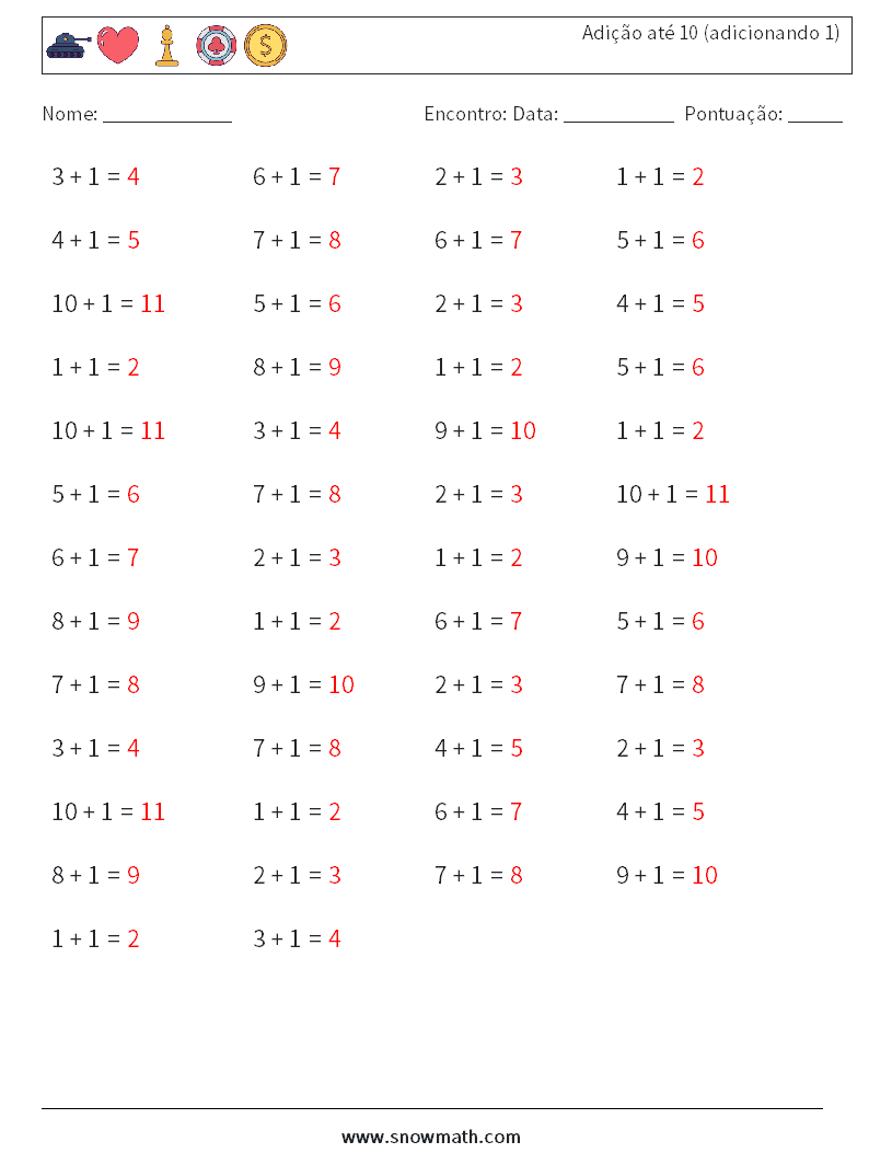 (50) Adição até 10 (adicionando 1) planilhas matemáticas 2 Pergunta, Resposta