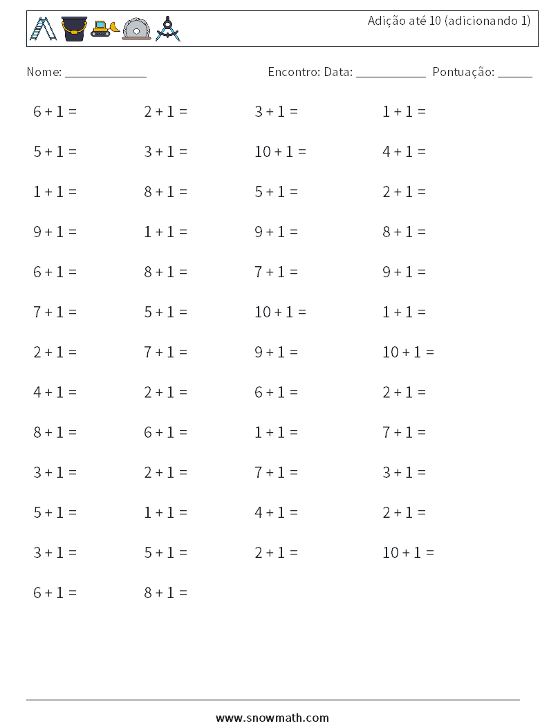 (50) Adição até 10 (adicionando 1) planilhas matemáticas 3