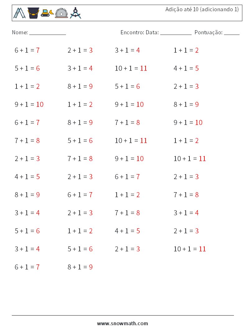 (50) Adição até 10 (adicionando 1) planilhas matemáticas 3 Pergunta, Resposta