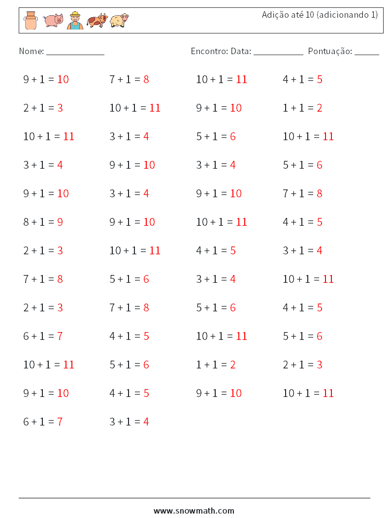 (50) Adição até 10 (adicionando 1) planilhas matemáticas 4 Pergunta, Resposta