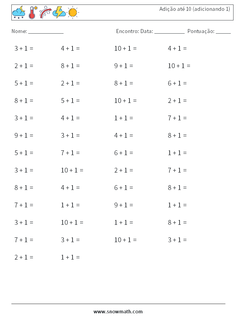 (50) Adição até 10 (adicionando 1) planilhas matemáticas 5