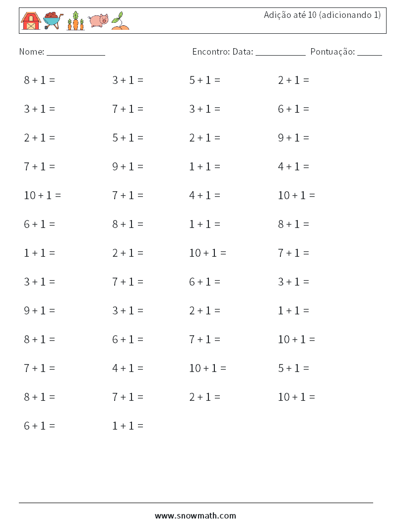 (50) Adição até 10 (adicionando 1) planilhas matemáticas 6