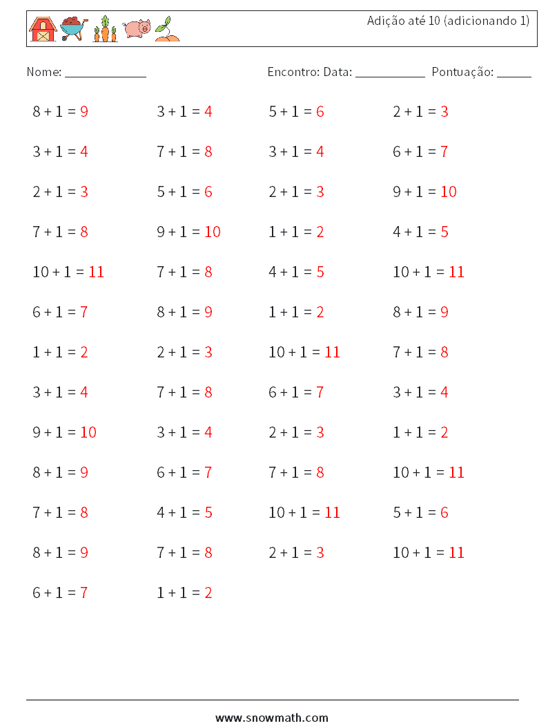 (50) Adição até 10 (adicionando 1) planilhas matemáticas 6 Pergunta, Resposta