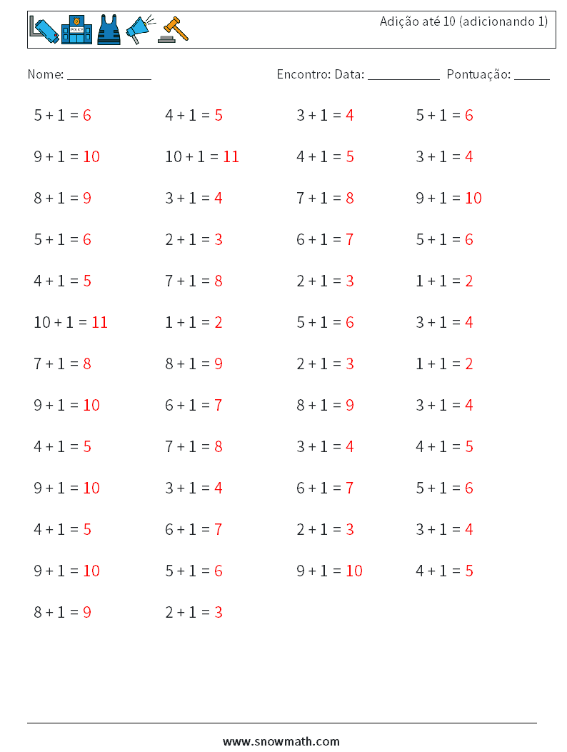 (50) Adição até 10 (adicionando 1) planilhas matemáticas 8 Pergunta, Resposta