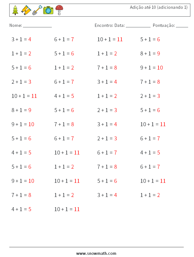 (50) Adição até 10 (adicionando 1) planilhas matemáticas 9 Pergunta, Resposta