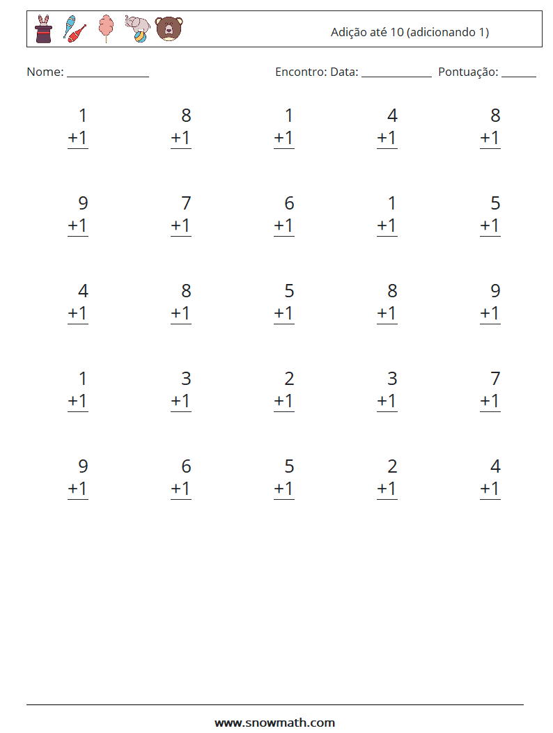 (25) Adição até 10 (adicionando 1) planilhas matemáticas 1