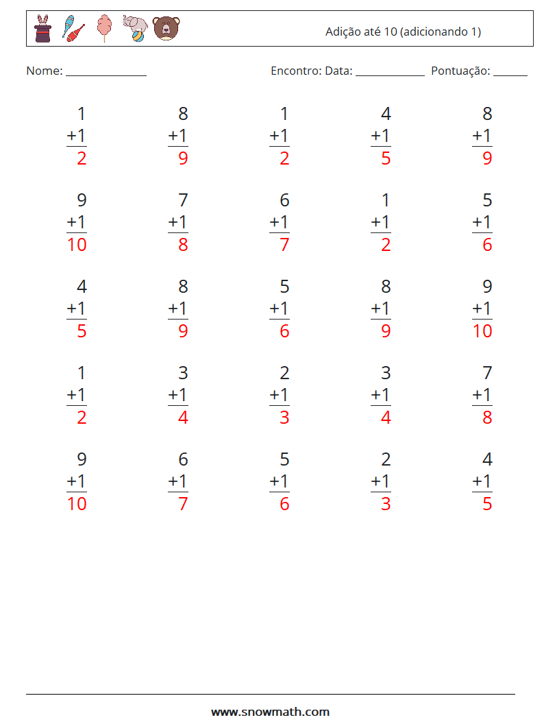 (25) Adição até 10 (adicionando 1) planilhas matemáticas 1 Pergunta, Resposta