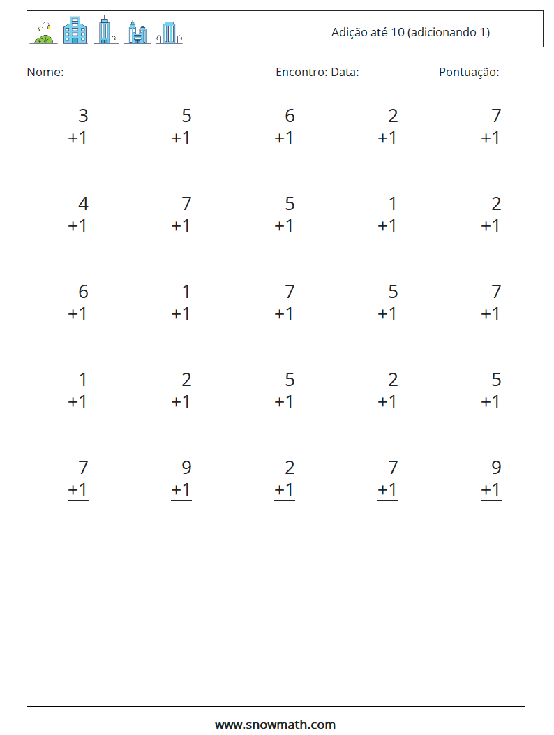 (25) Adição até 10 (adicionando 1) planilhas matemáticas 2